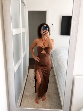SHEIN Brown Halter Cutout Maxi Dress with Side Slit